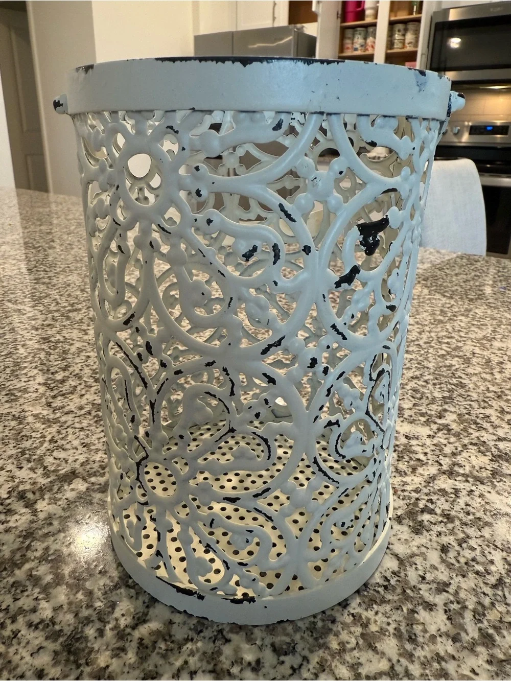 Wedding Decor! Distressed White & Black Metal Floral Lantern / Bucket